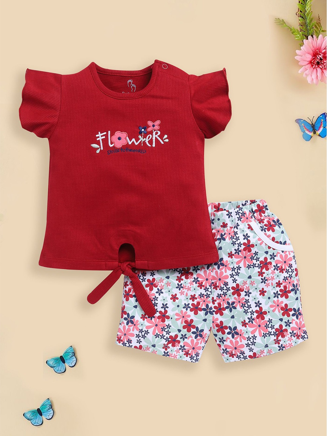 

BABY GO Girls Embroidered Round Neck T-Shirt With Shorts, Red