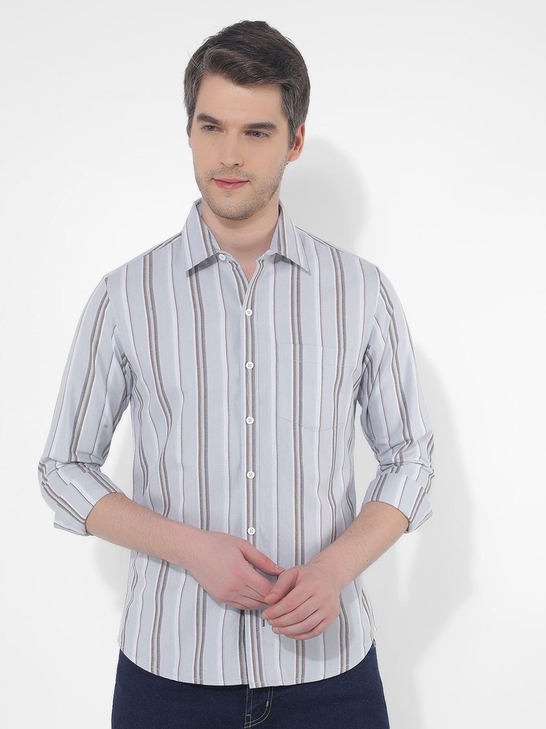 

Numero Uno Men Slim Fit Spread Collar Vertical Striped Cotton Casual Shirt, Grey