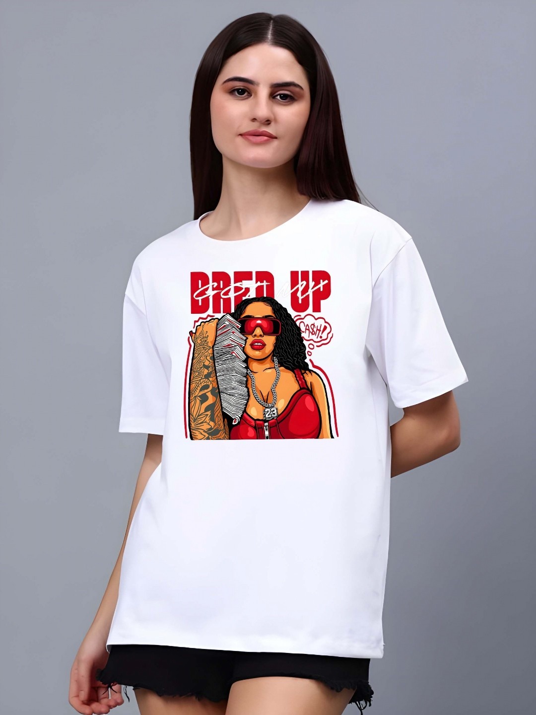 

SZN Women Graphic Printed Round Neck Cotton Oversized T-shirt, White