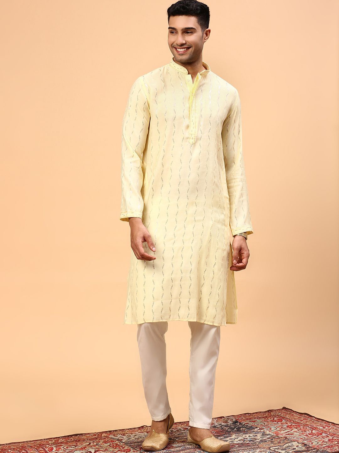 

CS EL Woven Design Mandarin Collar Jacquard Straight Kurta, Yellow
