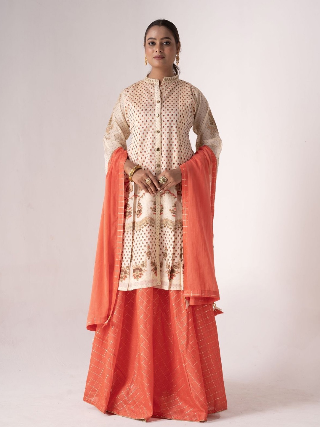 

ODETTE Ethnic Motifs Printed Art Silk Semi-Stitched Dress Material, Off white
