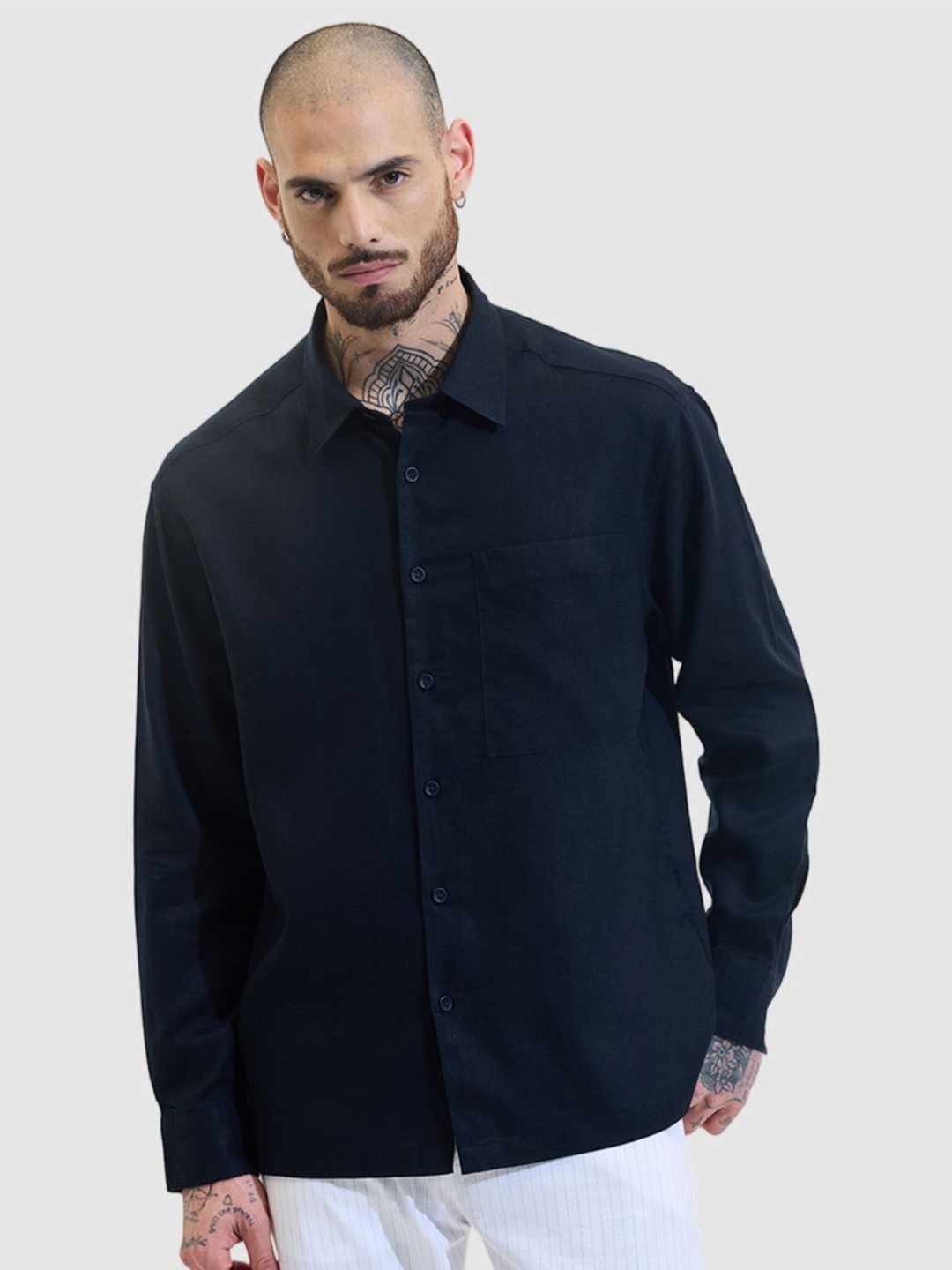

Snitch Men Relaxed Fit Spread Collar Solid Linen Casual Shirt, Navy blue