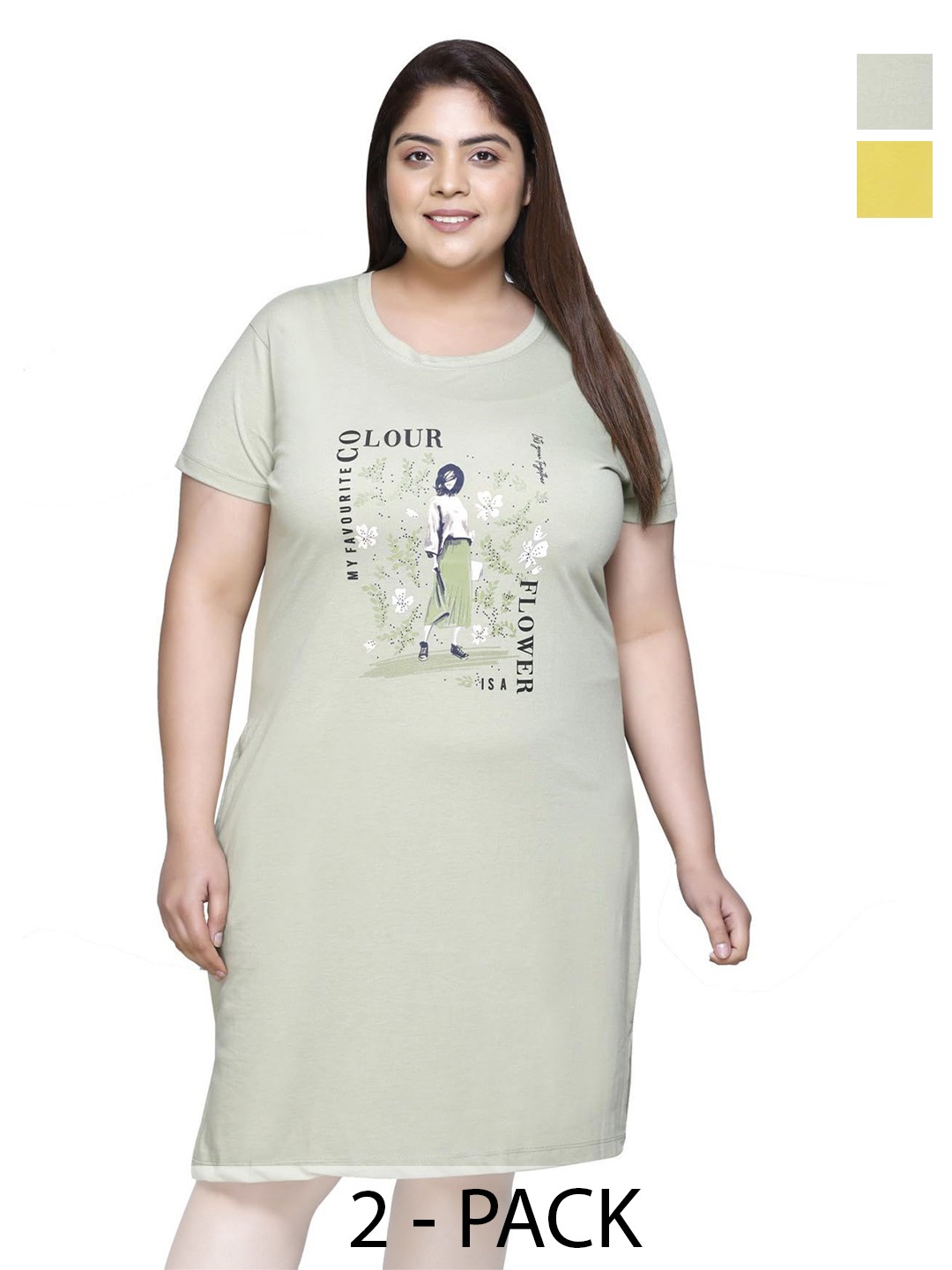 

IN Love Pack of 2 Women Plus Size Front Printed Cotton Nighty Chemise, Green