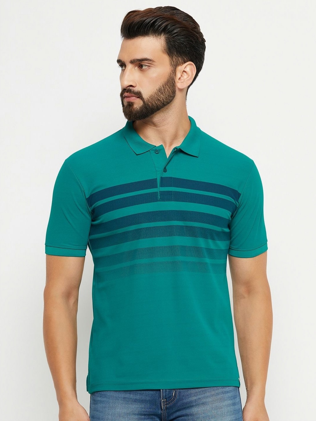 

RENUOVO Men Printed Polo Collar Pockets T-shirt, Teal
