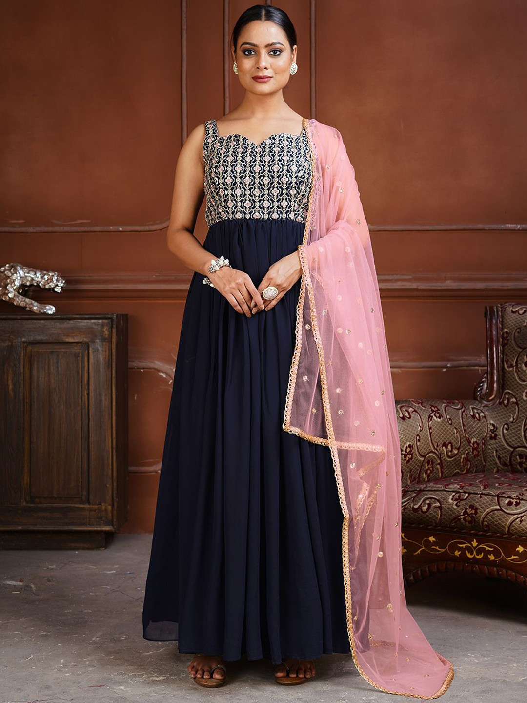 

flaher Women Embellished Fit & Flared A-Line Maxi Ethnic Dresses, Navy blue