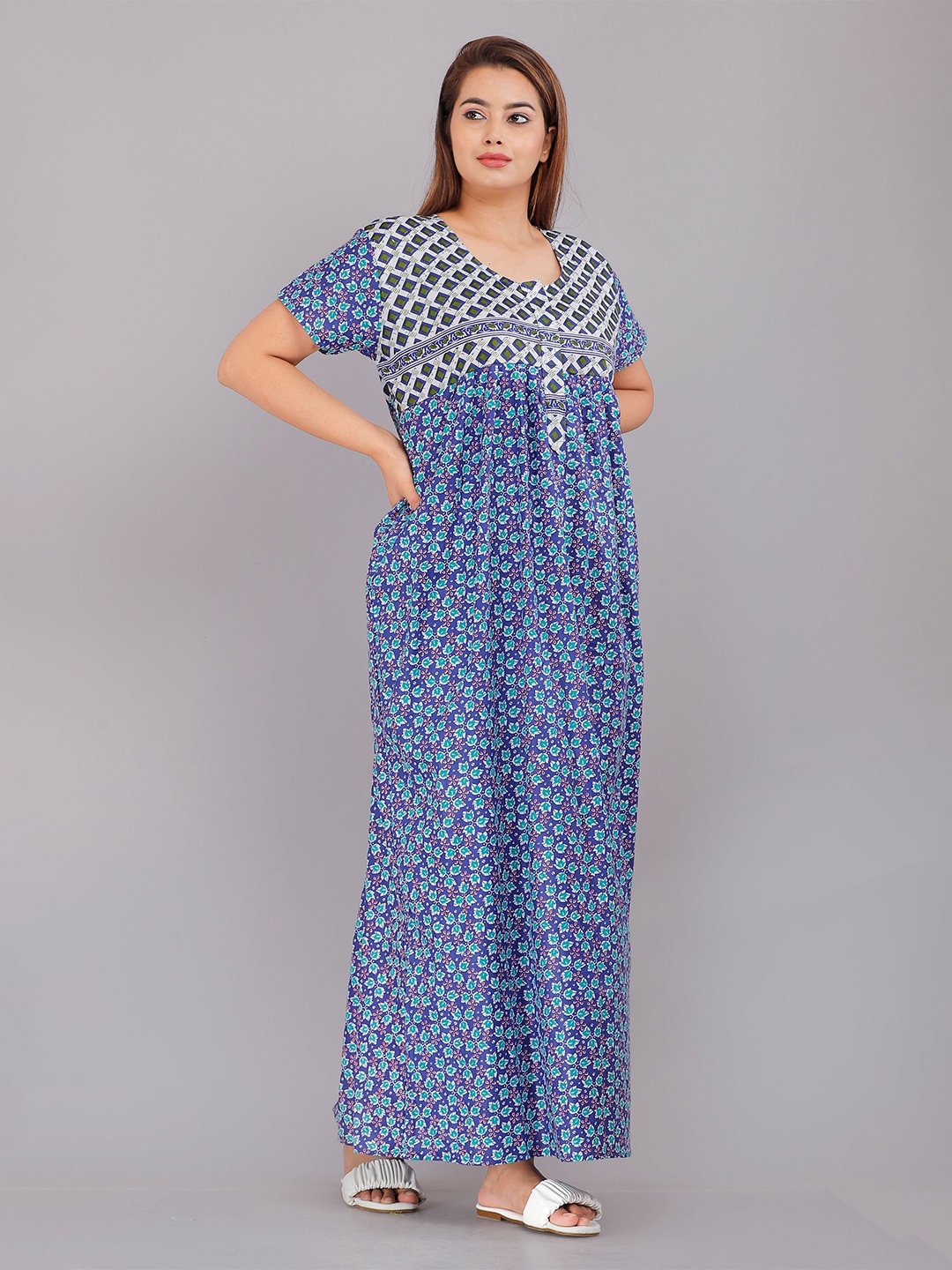 

PR PINK ROYAL Women Floral Printed Pure Cotton Maxi Nightdress, Blue