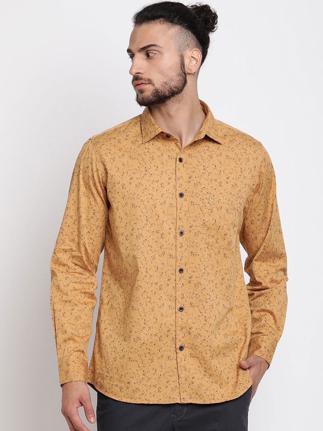 

Cantabil Men Comfort Fit Spread Collar Abstract Printed Cotton Casual Shirt, Mustard