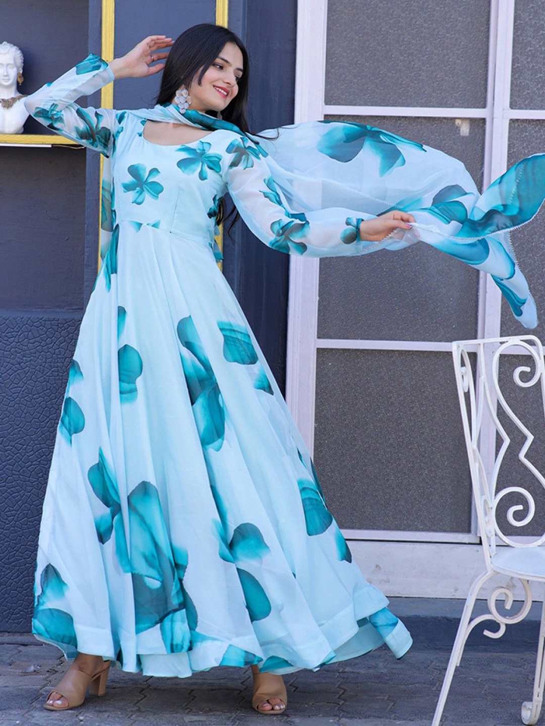 

Jash Creation Cotton Floral Printed Maxi Dress With Dupatta, Blue