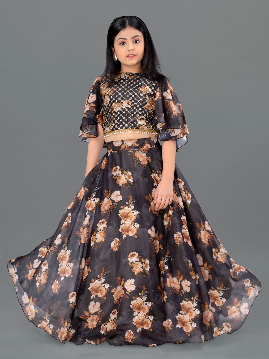 

Sangria Girls Floral Printed Short Sleeves Lehenga Choli, Black