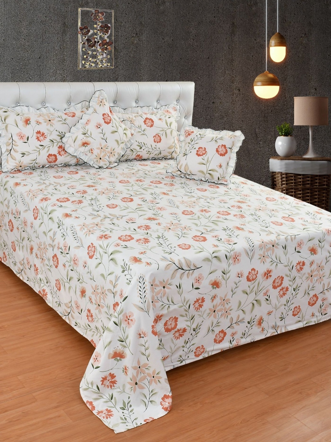 

MORADO Off White & Rust Floral Printed Summer Double Queen Bedding Set