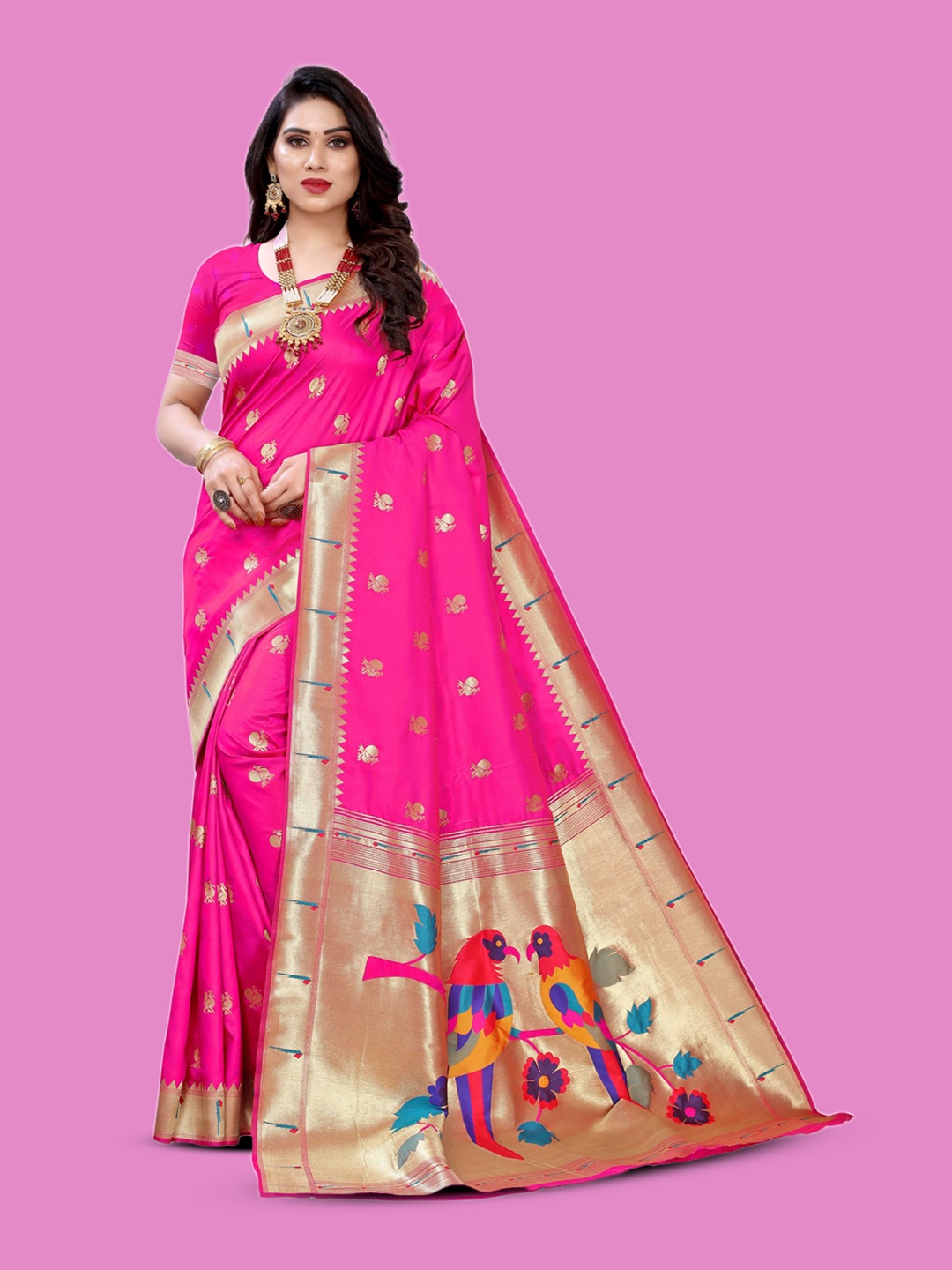 

DIVASTRI Woven Design Zari Silk Blend Paithani Saree, Pink