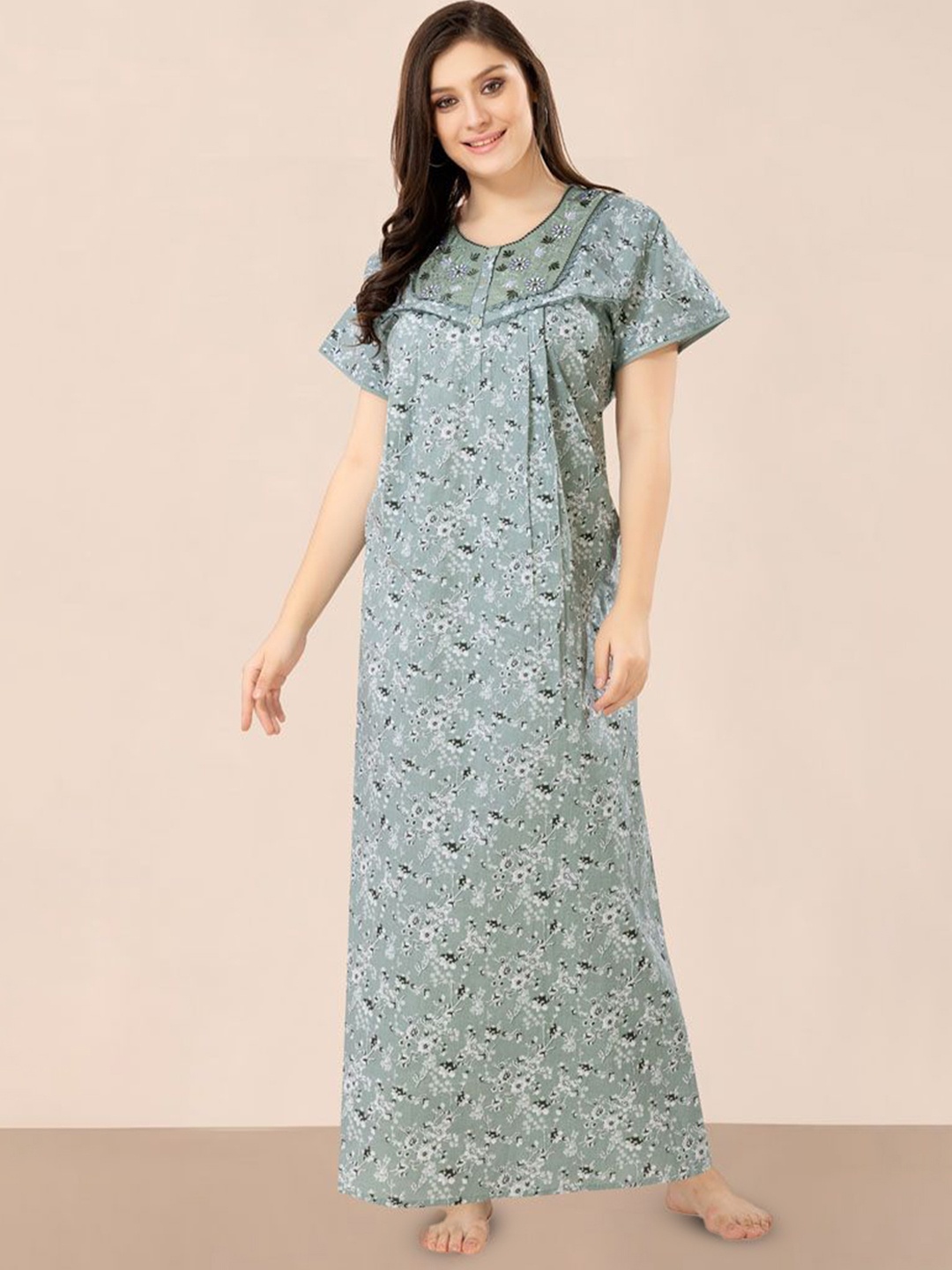 

Soulemo Women Printed Pure Cotton Maxi Nightdress, Green