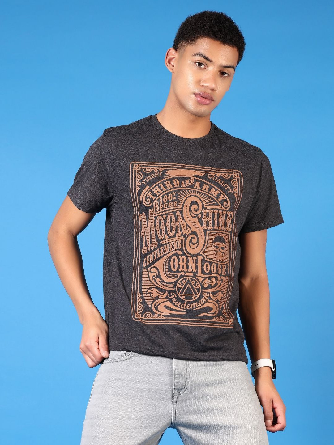 

V-Mart Men Graphic Printed Round Neck Cotton T-shirt, Charcoal