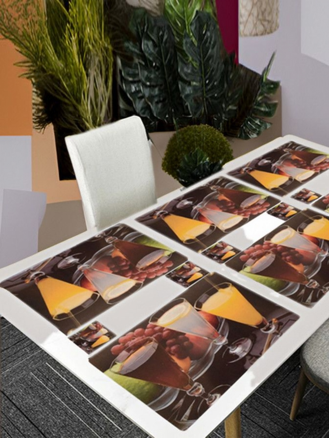 

REVEXO Red & Yellow 12 Pieces Printed Table Placemats & Coasters, Brown
