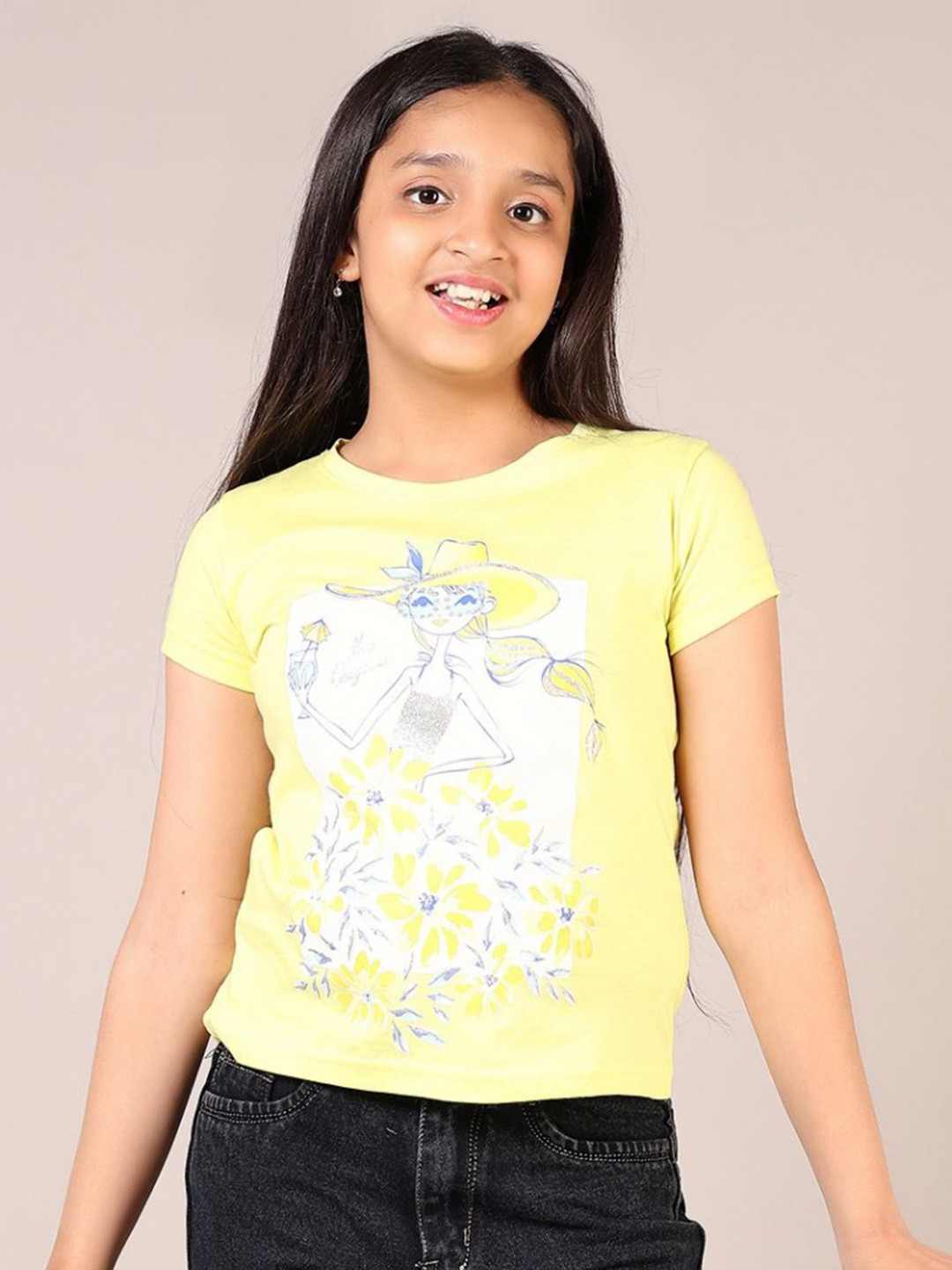 

V-Mart Girls Floral Printed Round Neck Cotton T-shirt, Yellow