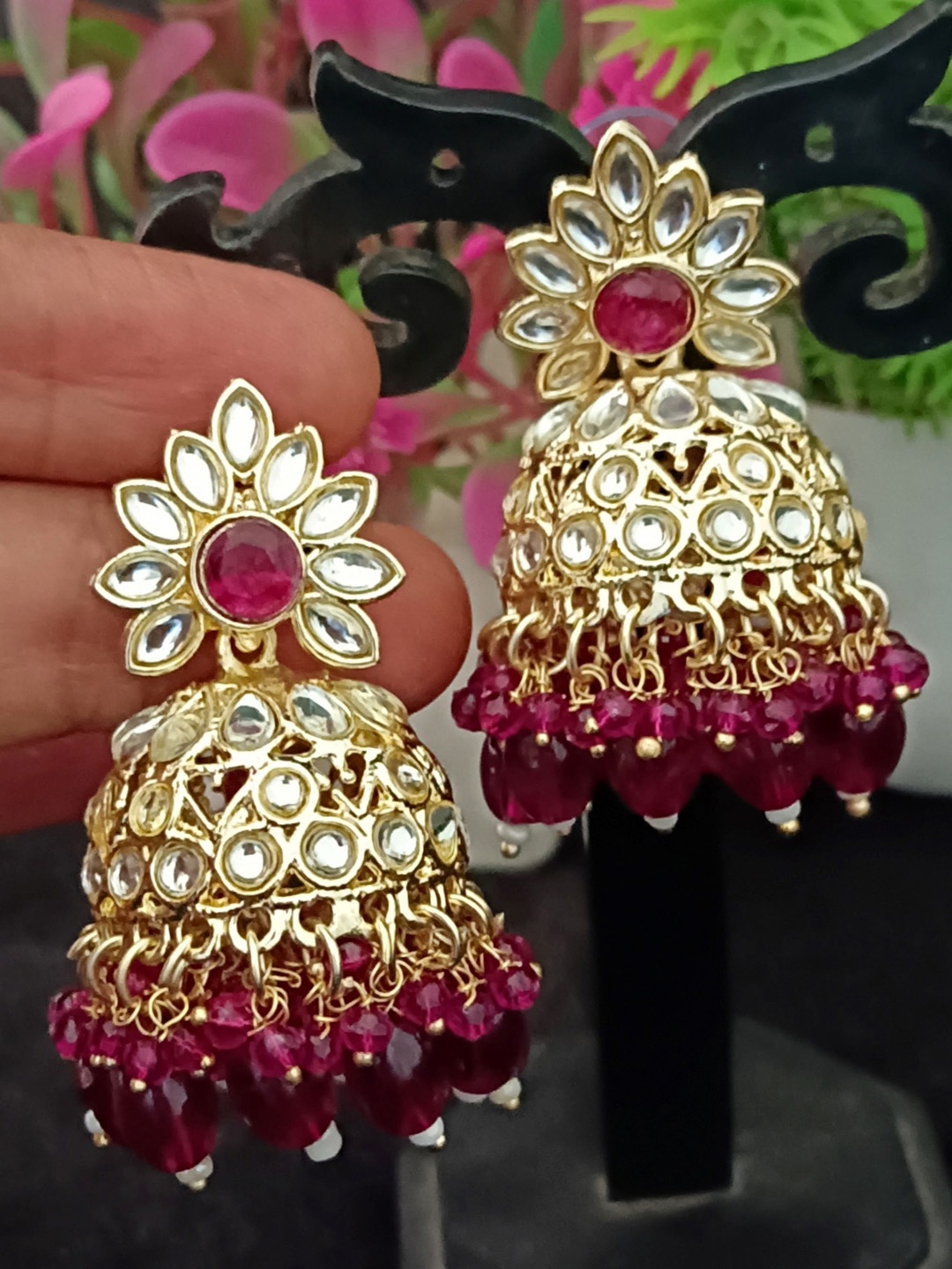 

EVY Gold-Plated Artificial Stones And Beads studded Dome Shaped Jhumkas, Red