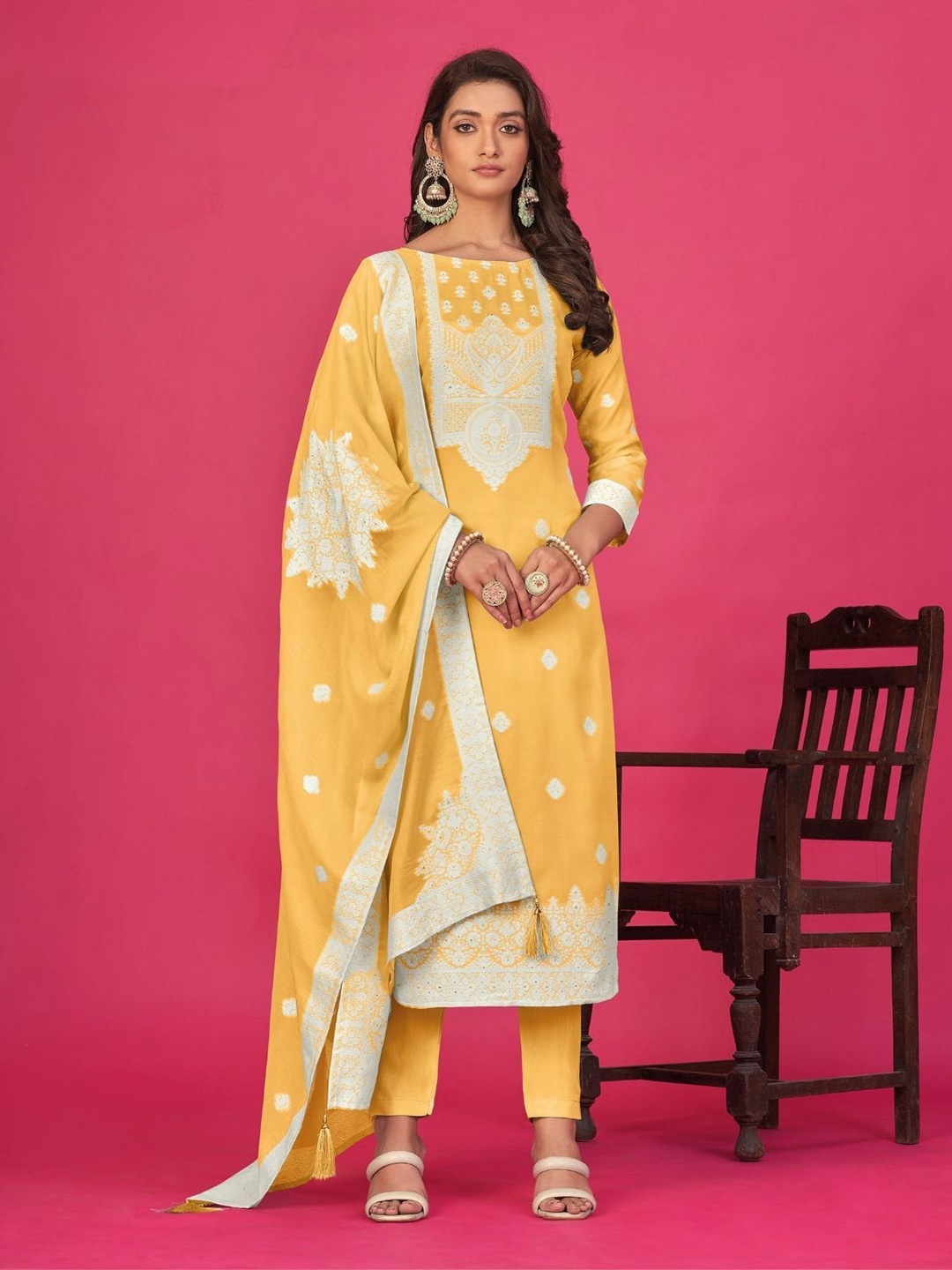 

ODETTE Floral Woven Design Sequinned Organza Semi-Stitched Dress Material, Yellow