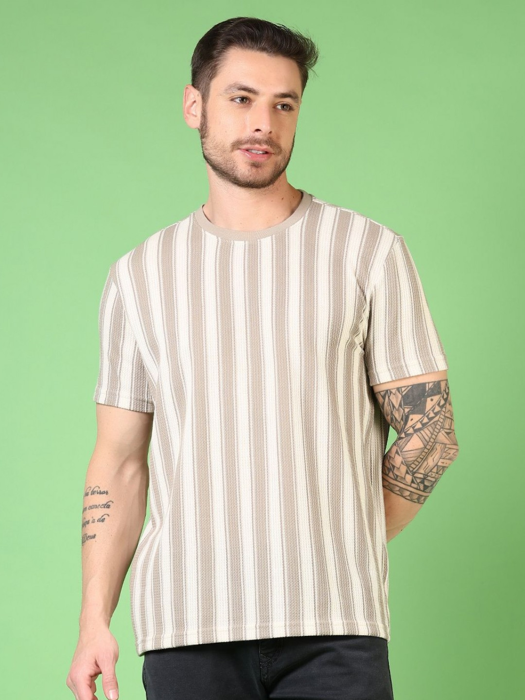 

V-Mart Men Striped Round Neck Cotton T-shirt, Grey