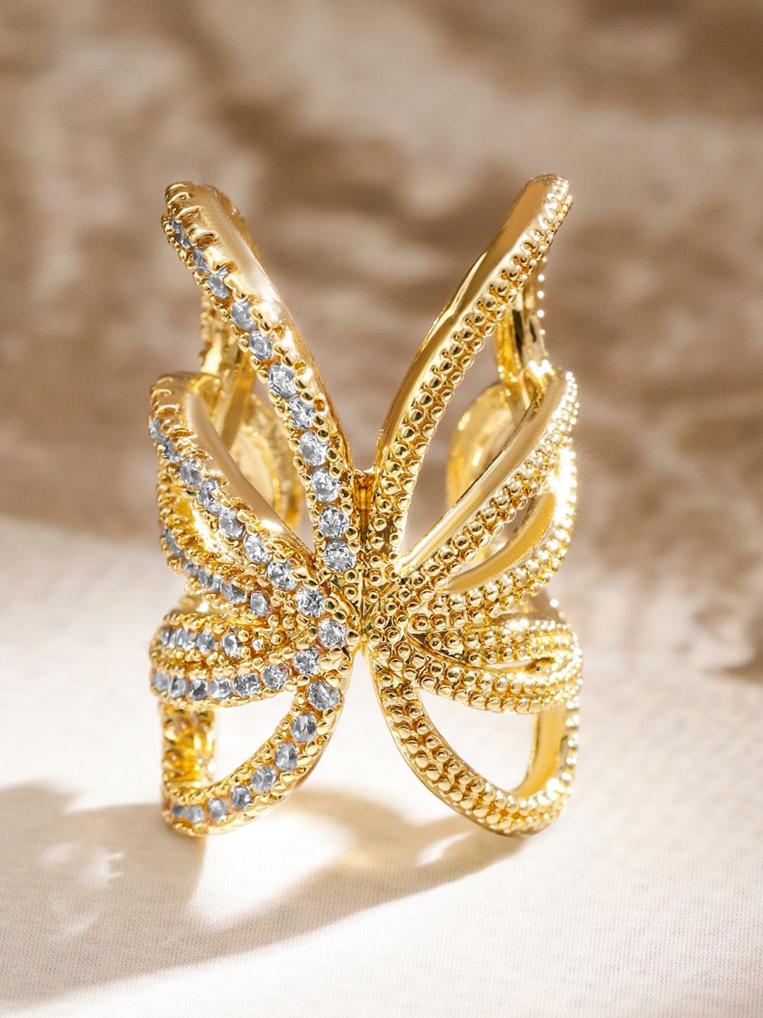 

Rubans 22K Gold Plated White Cubic Zirconia Studded Butterfly Statement Ear Cuff