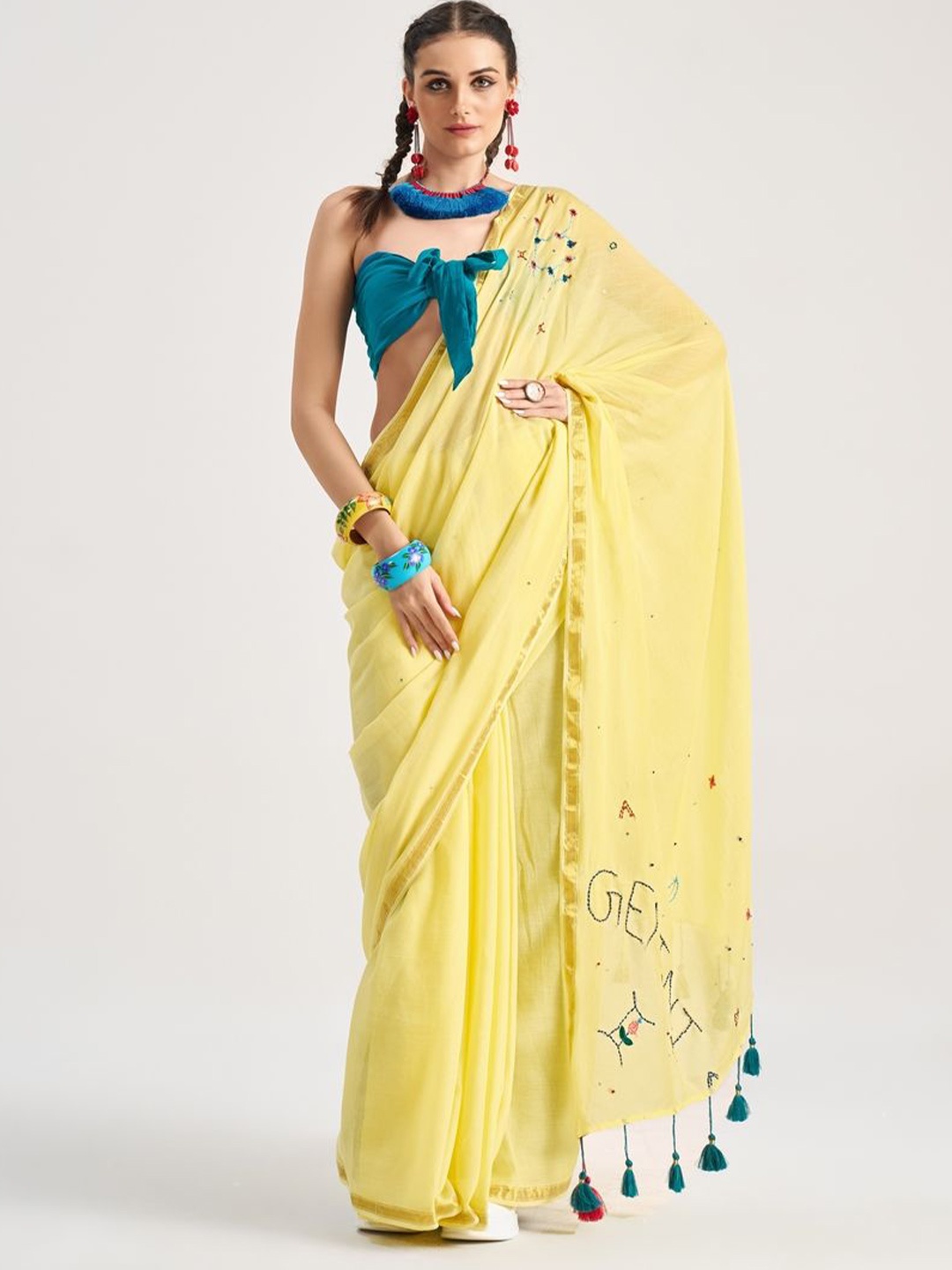 

Suha Floral Embroidered Pure Cotton Saree, Yellow