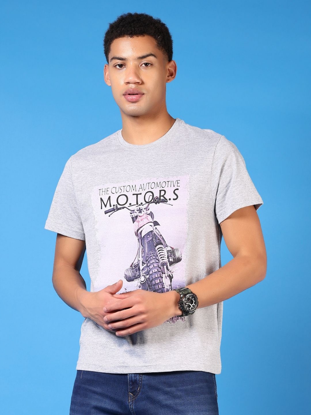 

V-Mart Men Graphic Printed Round Neck Cotton T-shirt, Grey melange