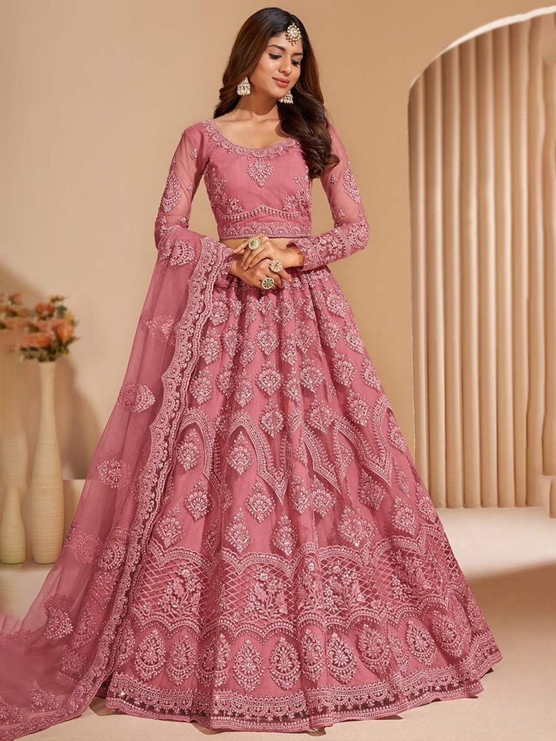 

ZAALIMA FASHION Floral Embroidered Thread Work Semi-Stitched Lehenga & Blouse With Dupatta, Peach