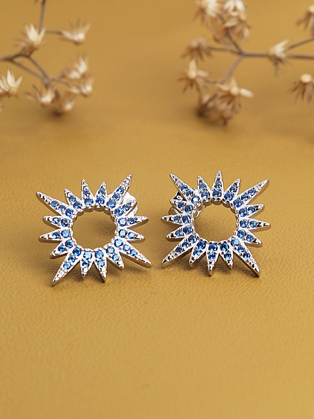 

DEVASHREE 925 Silver Rhodium-Plated Sapphire Cubic Zirconia Studded Sunflower Studs, Blue