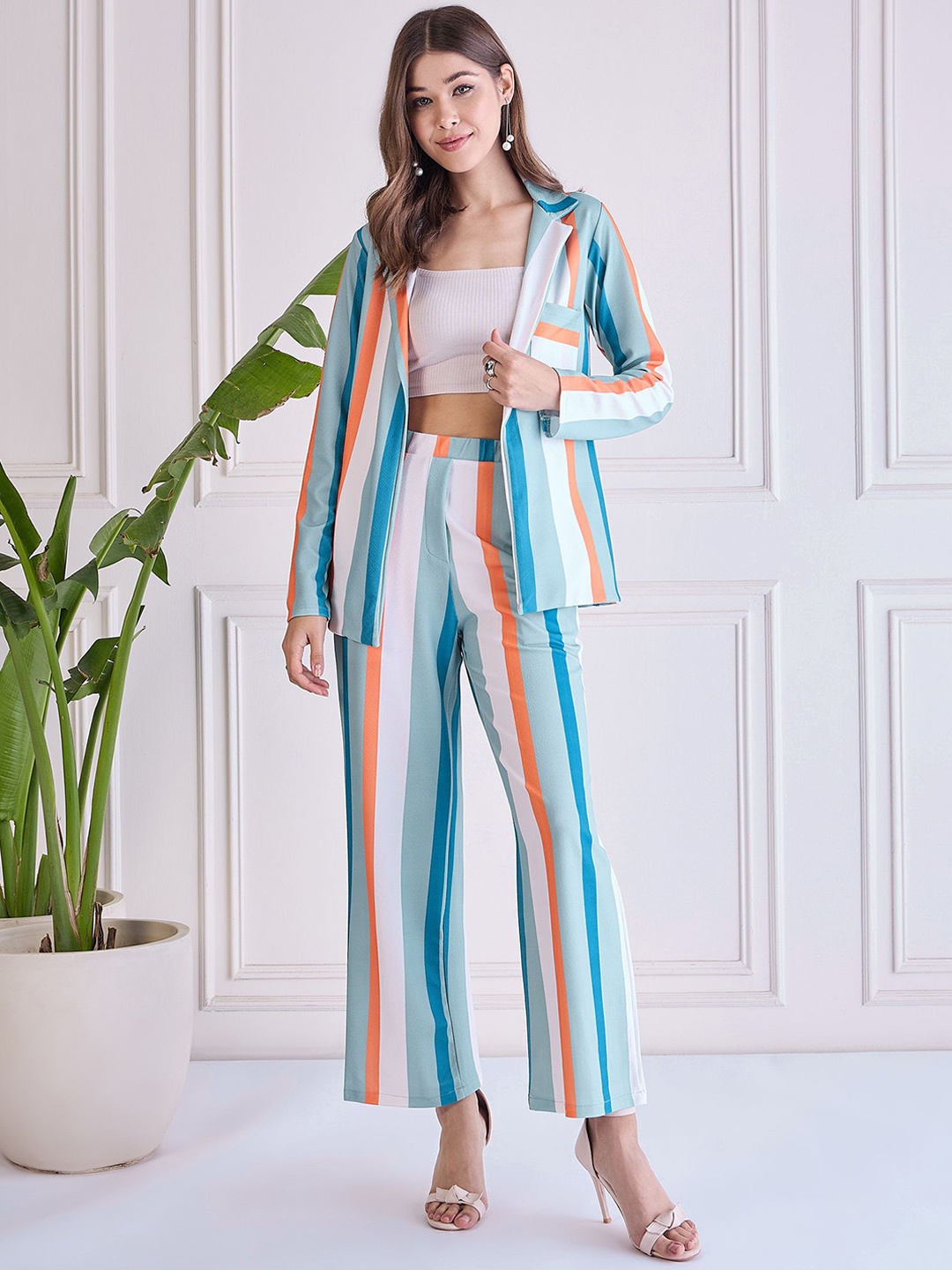 

Chemistry Striped Long Sleeves Blazer With Trousers Co-Ord Set, Blue