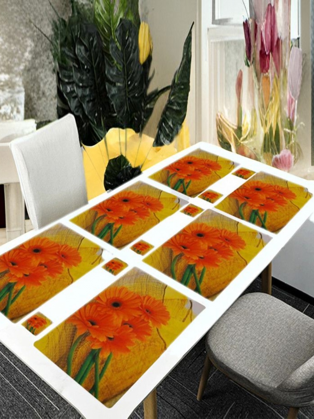 

REVEXO 12-Pcs Yellow & Orange Printed Table Placemats&Coasters