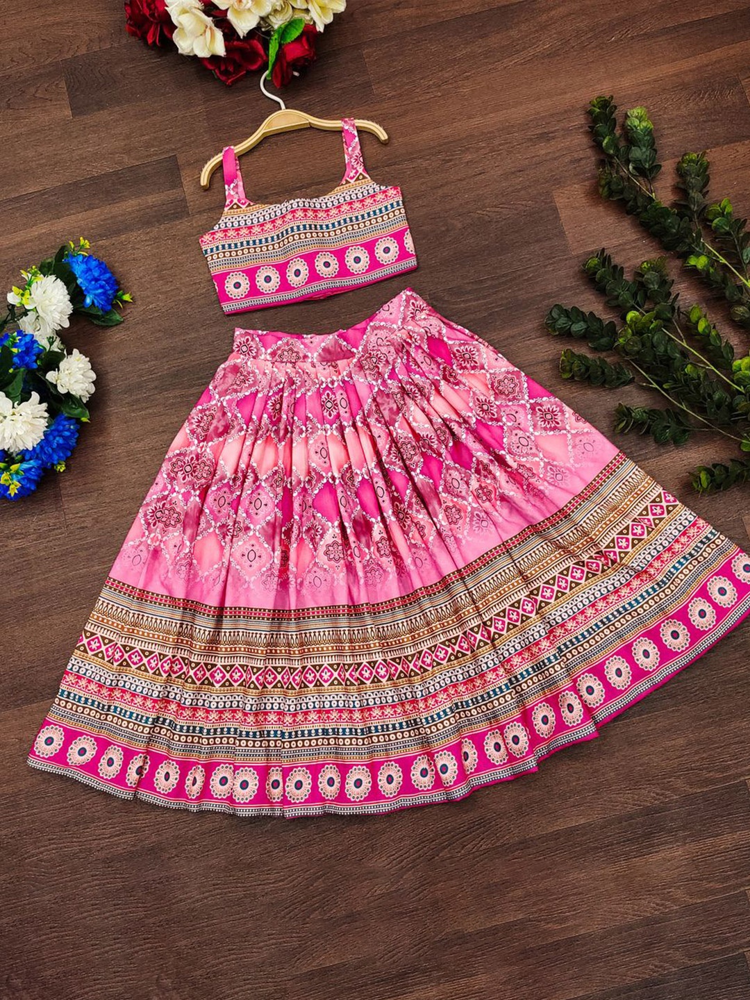 

BAESD Girls Printed Mukaish Foil Print Ready to Wear Lehenga & Blouse With Dupatta, Pink