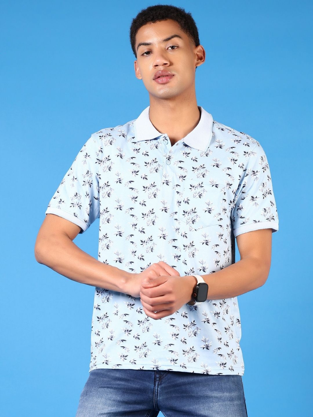 

V-Mart Men Floral Printed Polo Collar Cotton T-shirt, Blue