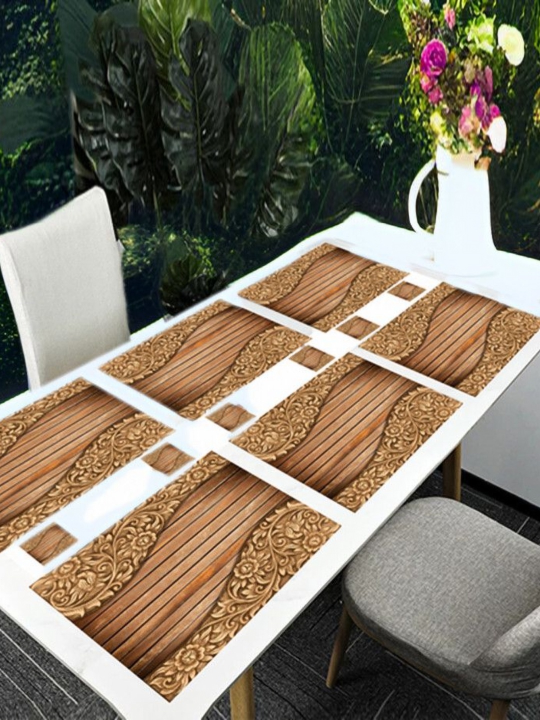 

REVEXO Brown 12 Pieces Floral Printed Rectangular Shaped Coasters & Table Placemats