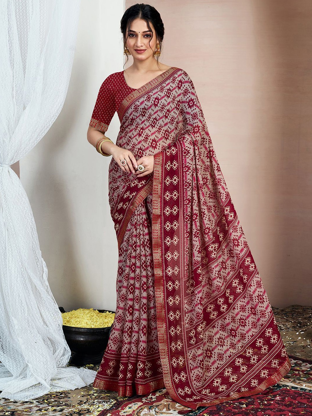 

KALINI Zari Pure Chiffon Ikat Saree, Maroon