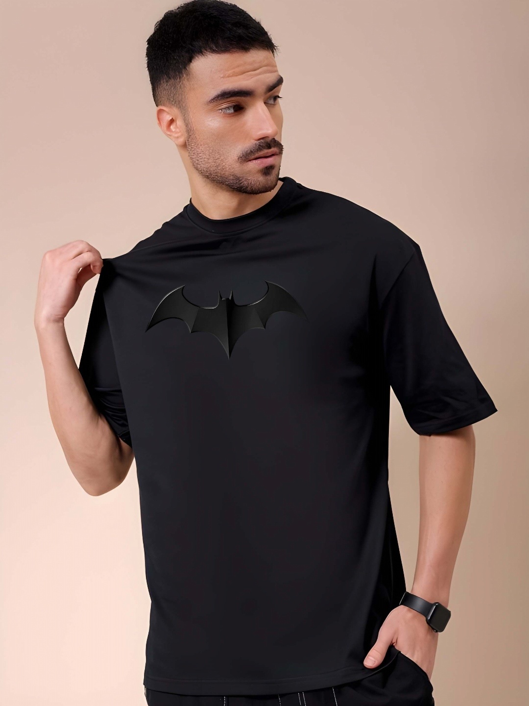 

SZN Men Batman Graphic Printed Round Neck Cotton Oversized T-shirt, Black