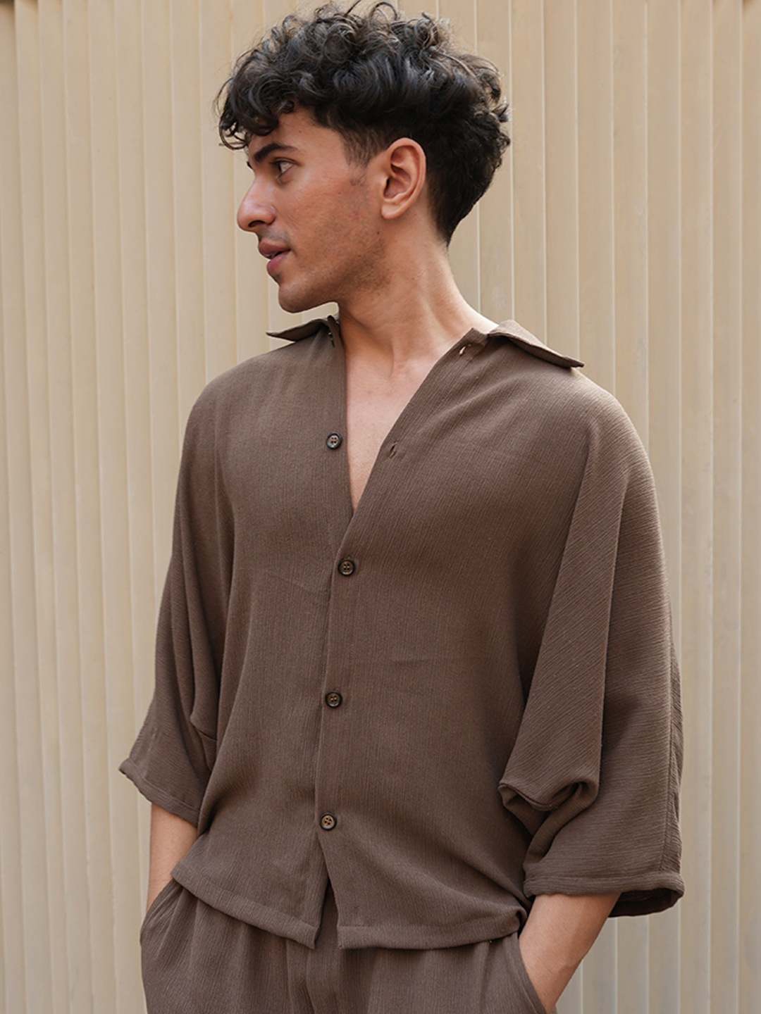 

Big Bunny Shirt Collar Textured Oversized Shirt With Trousers, Brown