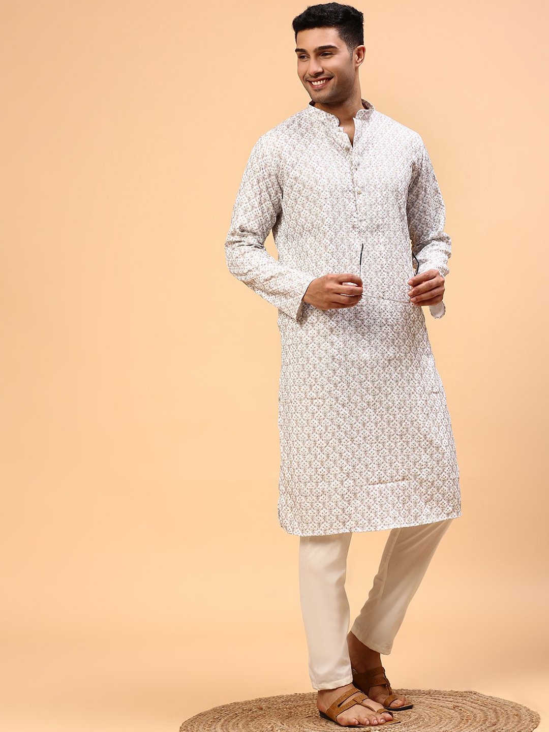 

CS EL Woven Design Mandarin Collar Cotton Jacquard Straight Kurta, White