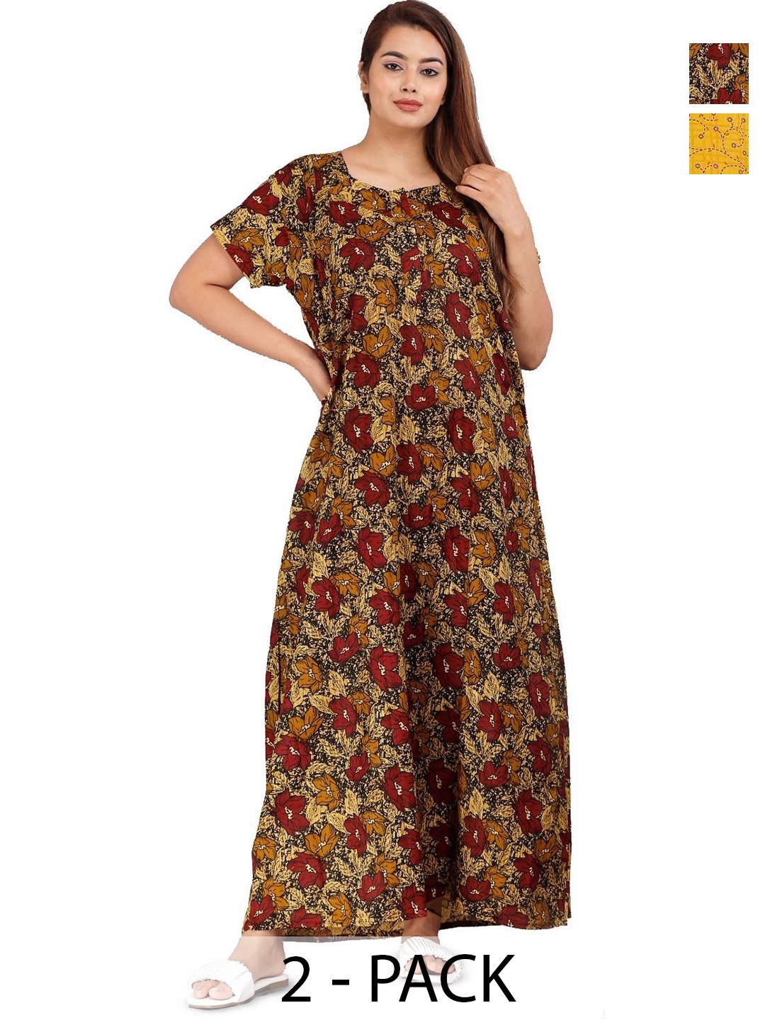 

PR PINK ROYAL Women Pack of 2 Printed Maxi Nightdress, Brown