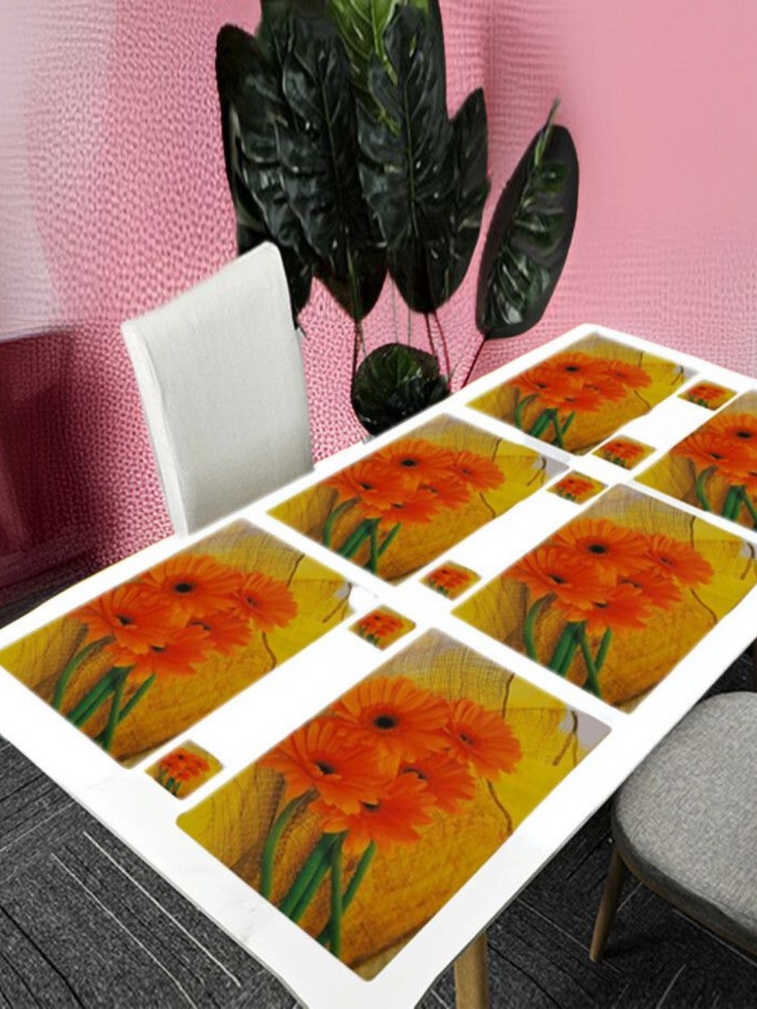 

REVEXO Orange 12 Pcs Floral Printed Rectangular Shaped Coasters & Table Placemats, Yellow