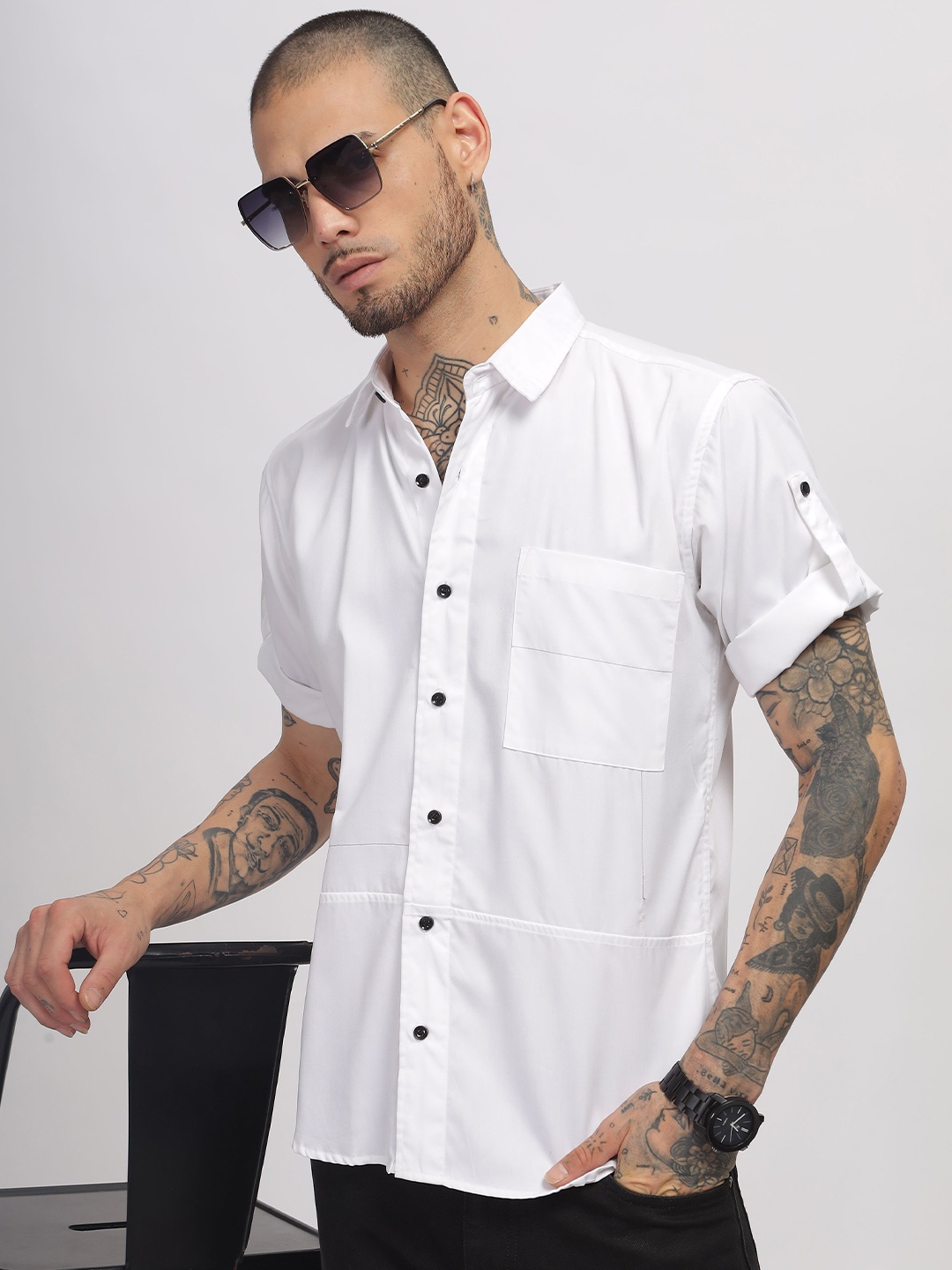 

iCome Men Boxy Fit Spread Collar Solid Cotton Linen Casual Shirt, White