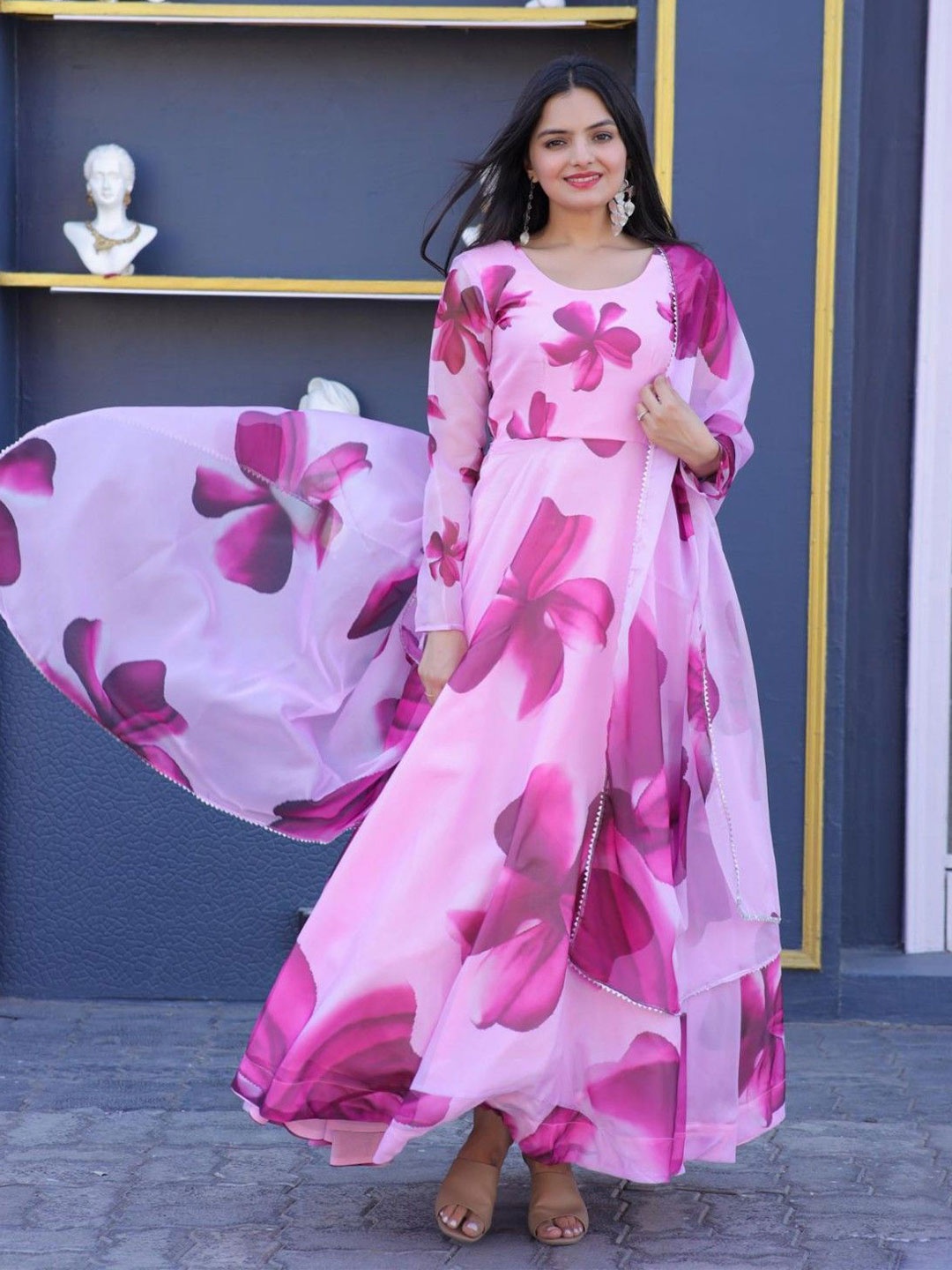 

Krunal Raiyani Women Floral Print Crepe Fit & Flare Maxi Dress, Pink