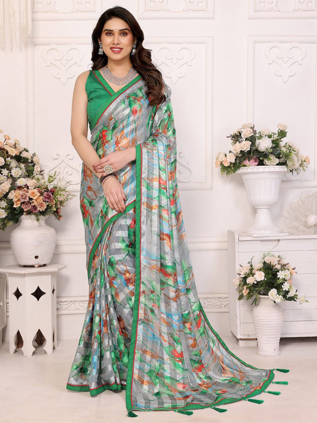 

KALINI Abstract Printed Saree with Lace Border, Green