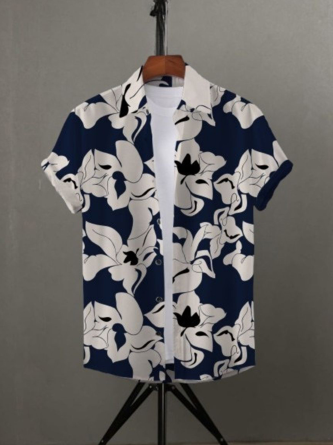 

iCome Men Slim Fit Spread Collar Floral Printed Casual Shirt, Navy blue