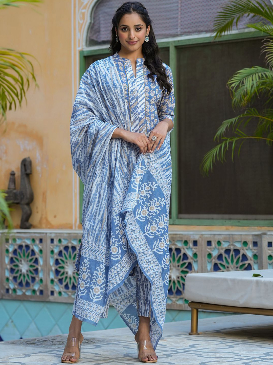 

Sangria Blue Floral Printed Stones And Beads Pure Cotton Kurta With Trousers And Dupatta
