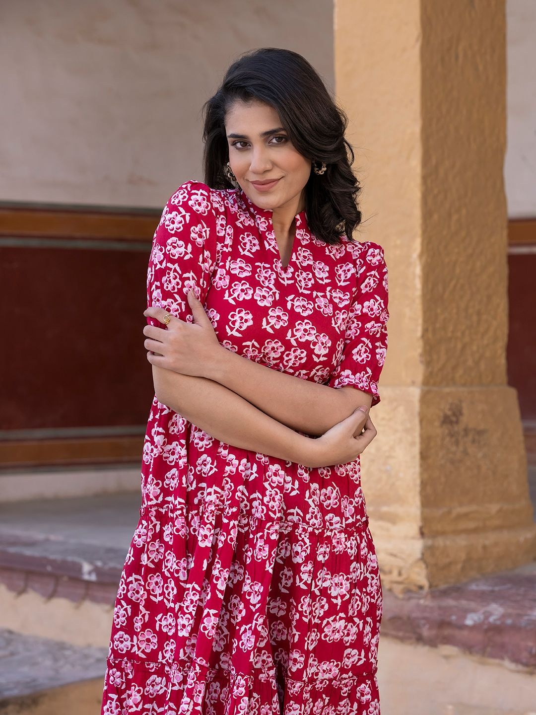 

CORSICA Women Floral Printed Puff Sleeves Fit & Flare Midi Dress, Red