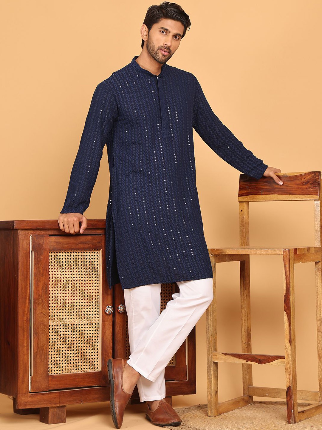 

Anouk Navy Blue Geometric Embroidered Sequinned Mandarin Collar Kurta With Trousers
