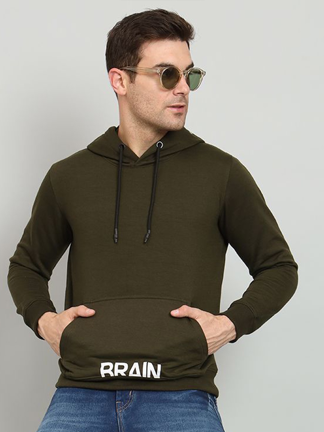 

OGEN Men Printed Hooded Pullover Sweatshirt, Olive
