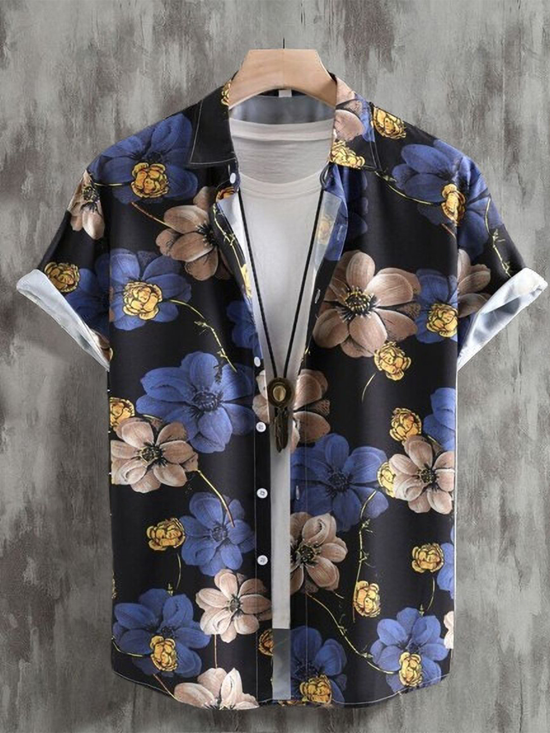 

iCome Men Spread Collar Floral Printed Casual Shirt, Navy blue