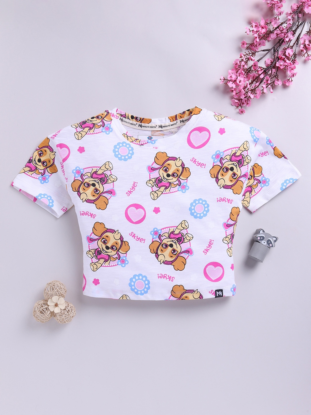 

YK X Minute Mirth Girls Paw Patrol Printed Cotton Crop T-shirt, White