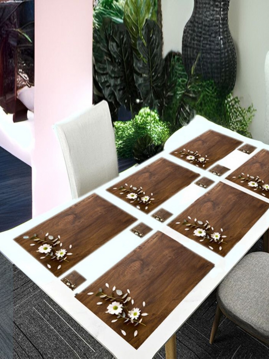 

REVEXO 12-Pcs Brown & White Printed Table Placemats&Coasters