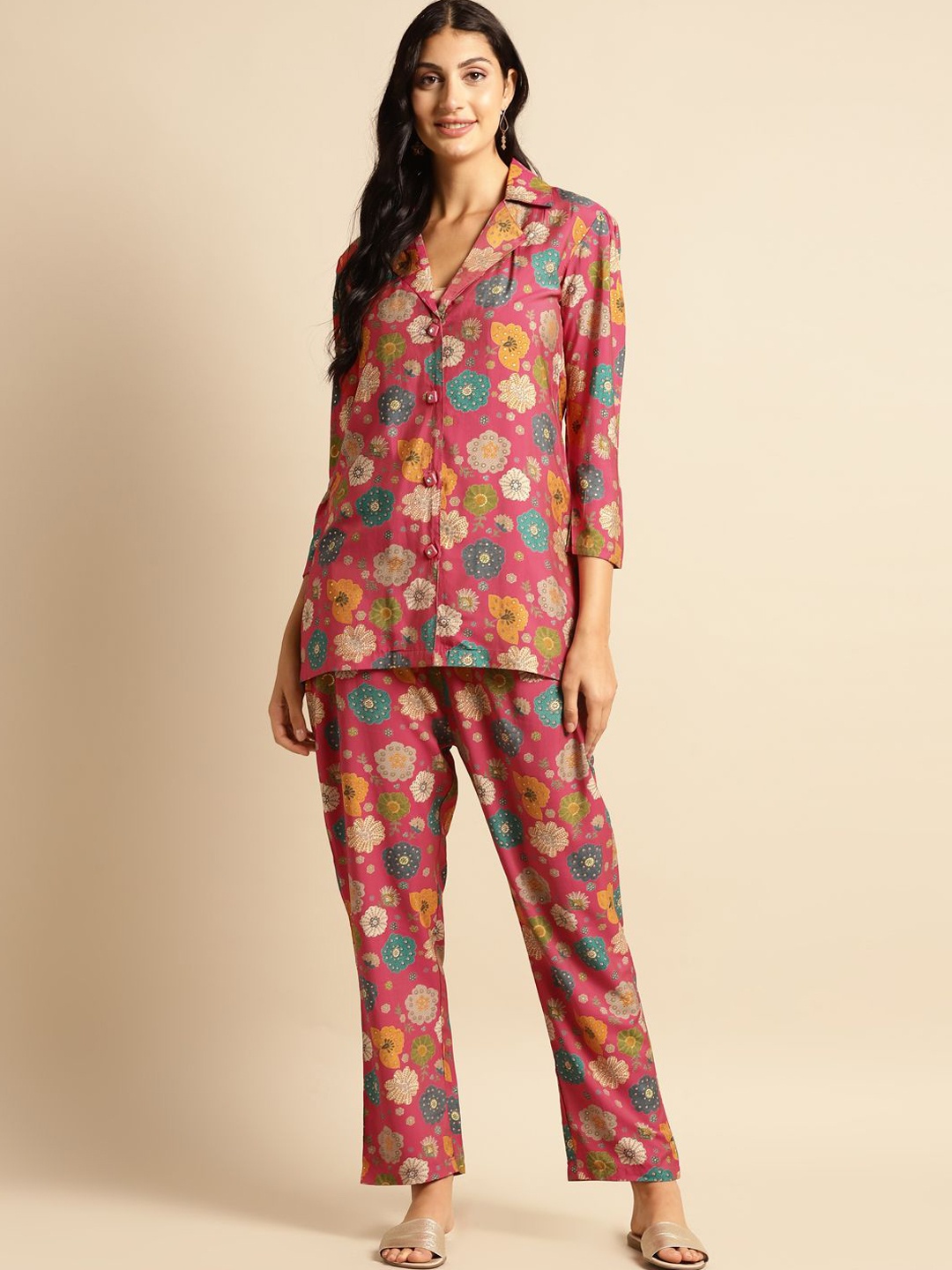 

Sangria Printed Three Quarter Sleeve Tunic & Trouser Co-Ords, Coral